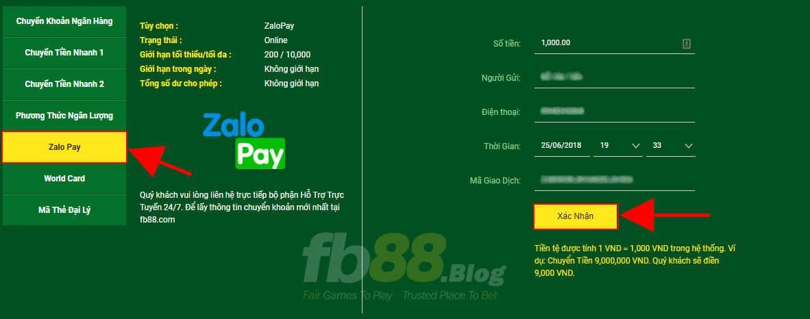 Hướng dẫn nạp tiền FB88 bằng phương thức Zalo Pay